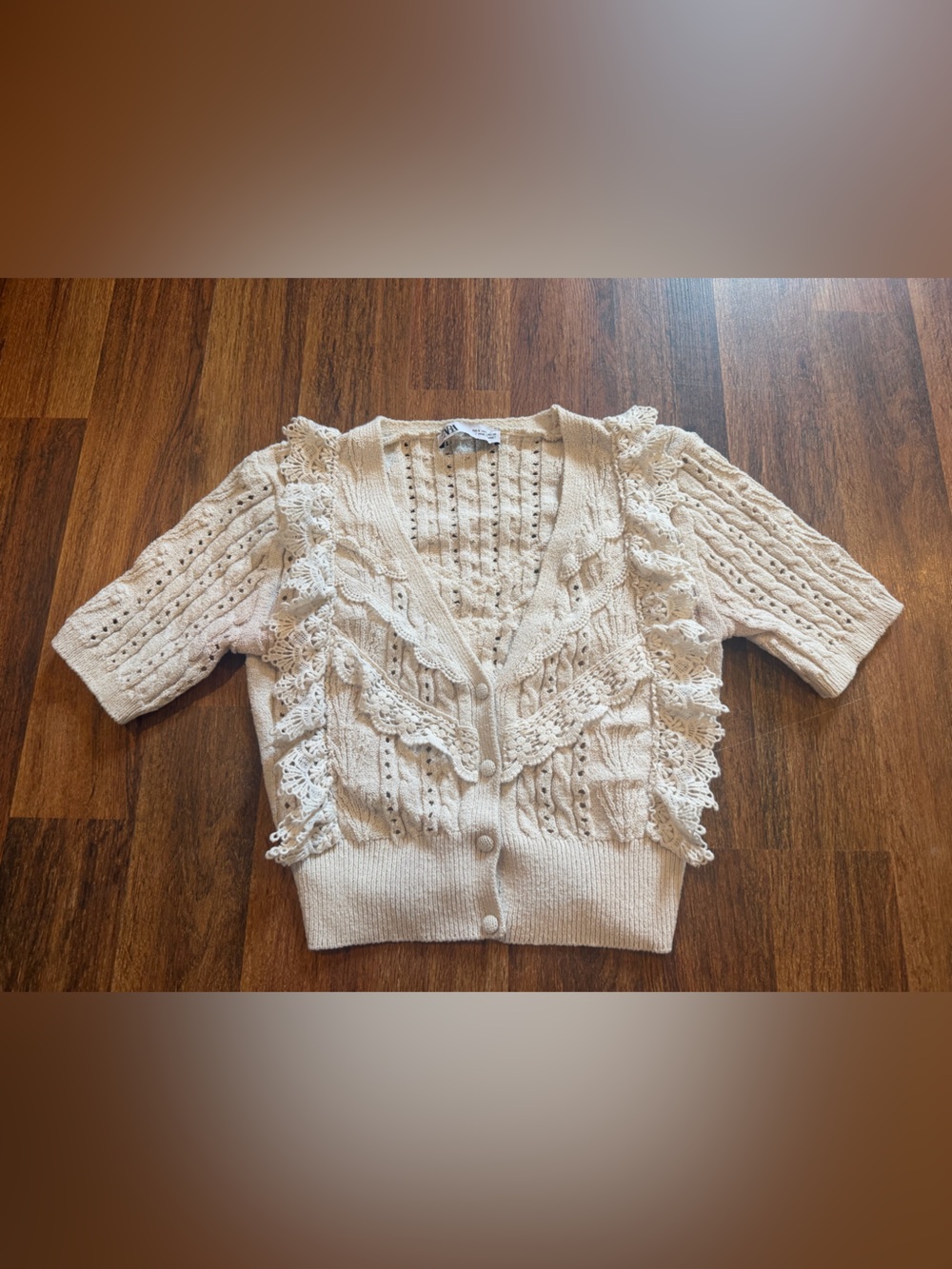 Zara Cream Crochet-Trim Button-Up Knit Cardigan